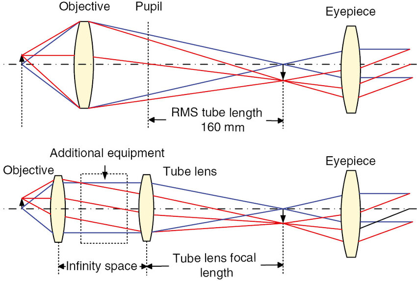 Finite-conjugate microscope system with standardised tube length and infinite-conjugate microscope system with standardised tube lens